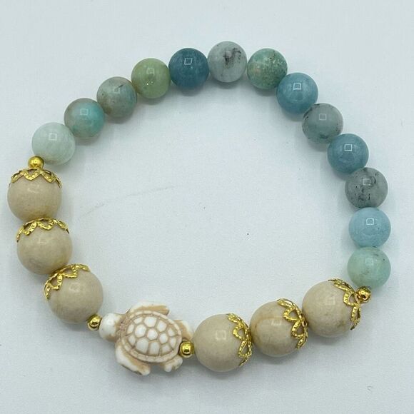 Crystal beaded stretch bracelet ONE NEW white jade turtle Amazonite meditation y - Picture 5 of 9